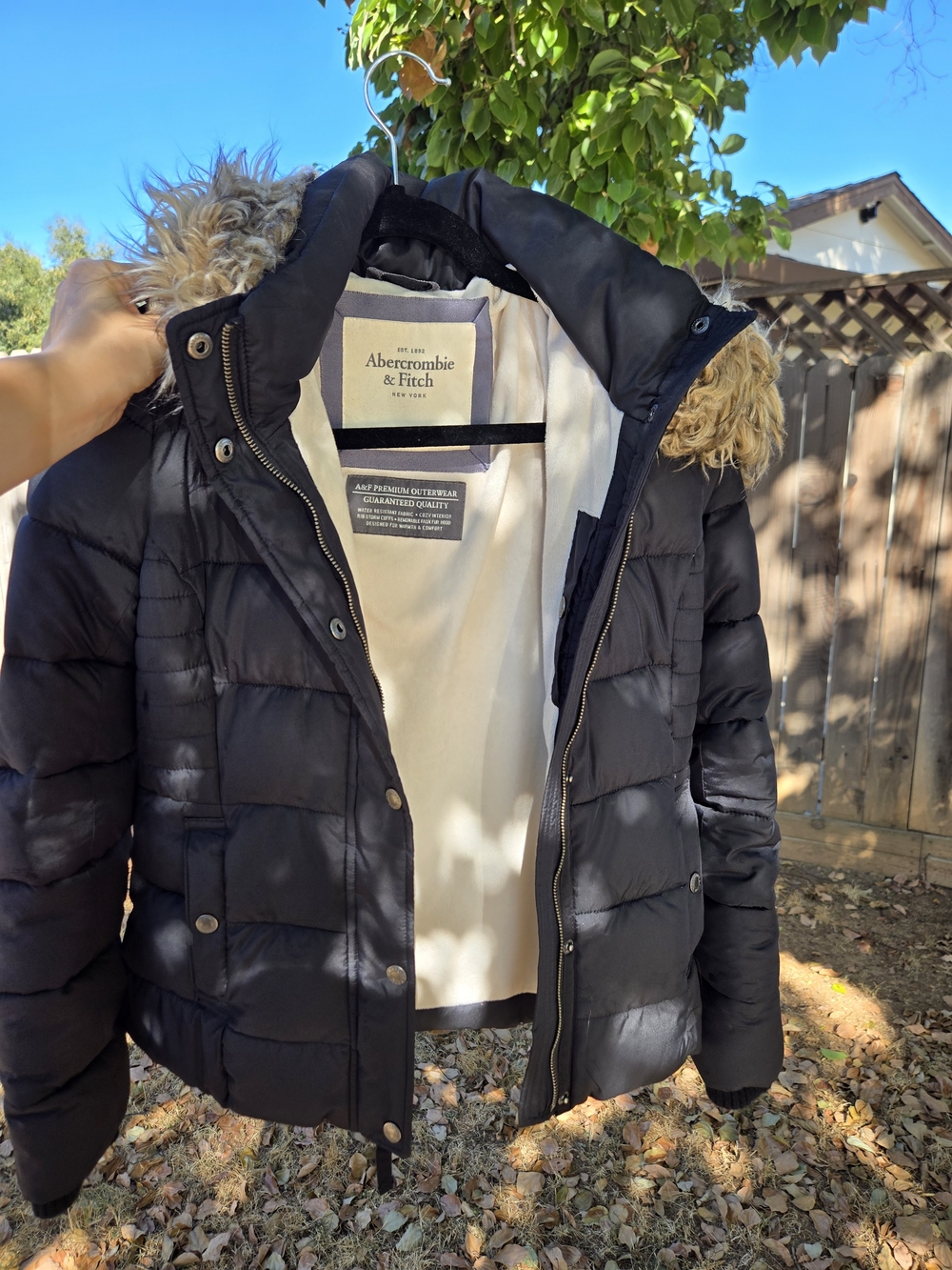 Abercrombie & Fitch Women's Black Puffer Jacket with Faux Fur Hood